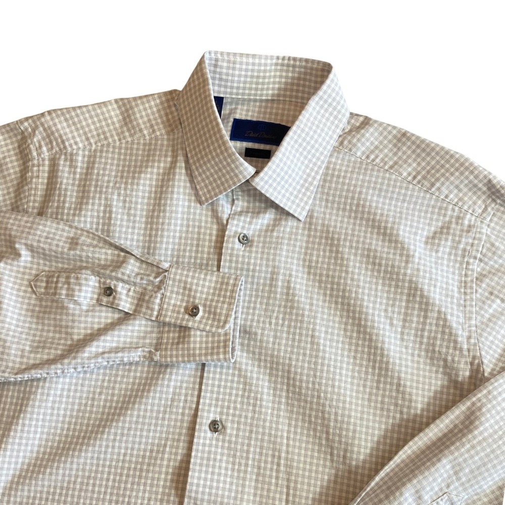 David Donahue Mens 16 34/35 Regular Fit Dress Shirt Grey White Check Preppy